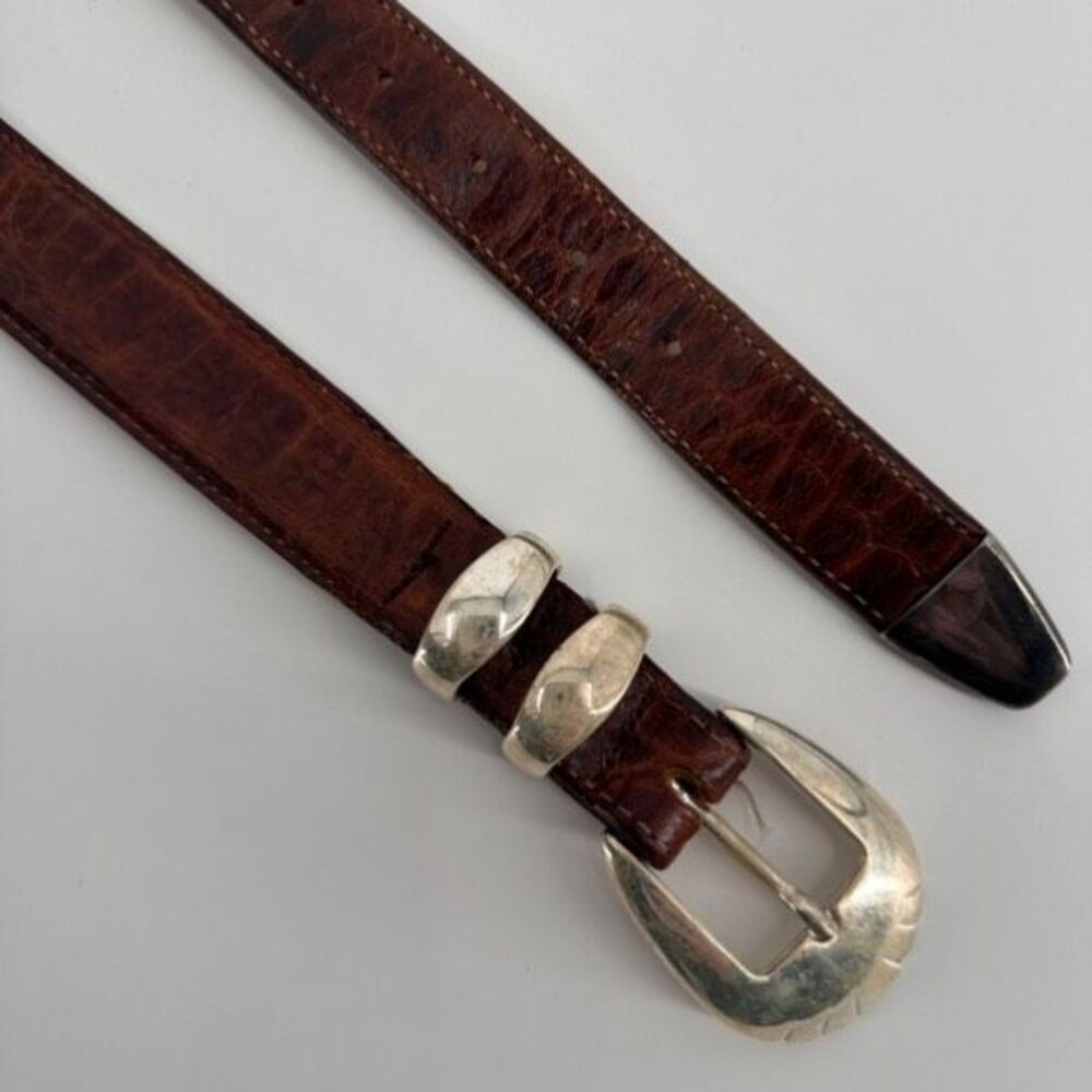 Vintage MCM Women's Crocodile Embossed Leather Silver Buckle Waist Belt Brown - Picture 13 of 16